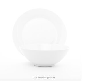 White ceramic bowl partially cropped against a pale background, with the German caption 'Aus der Mitte gerissen' faintly visible at the bottom.
