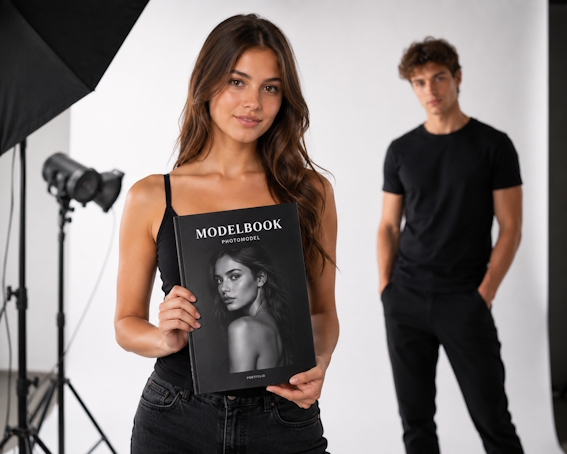 mODELBOOK - Foto, eine junge fRau mit dem Modelbook in der Hand, im Hintergrund ein junger Mann.